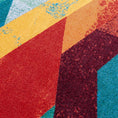 Load image into Gallery viewer, Detailed close-up of The Jester’s Tune rug fibers showing the worn pattern and color variation across yellow, green, and burgundy areas
