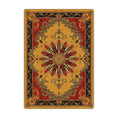 Load image into Gallery viewer, The King in Yellow Rug in 5x8 size featuring a golden medallion with sunburst design, surrounded by blood-red and black arcane accents
