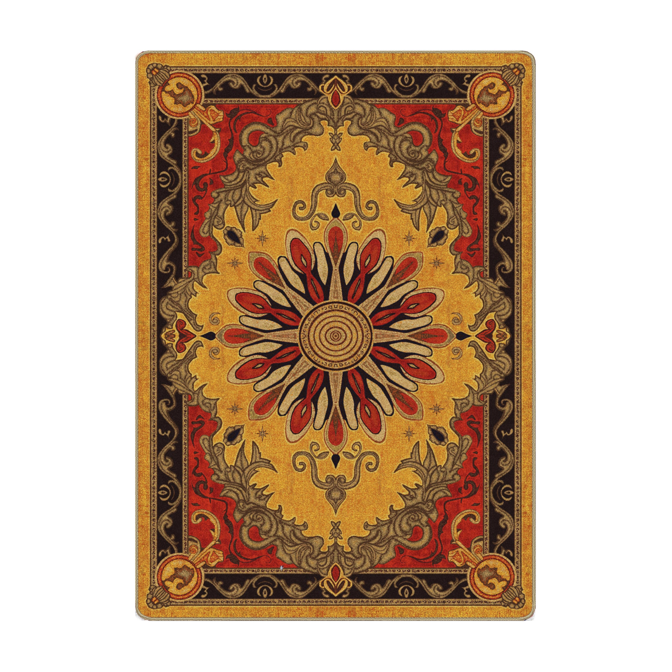 The King in Yellow Rug in 5x8 size featuring a golden medallion with sunburst design, surrounded by blood-red and black arcane accents