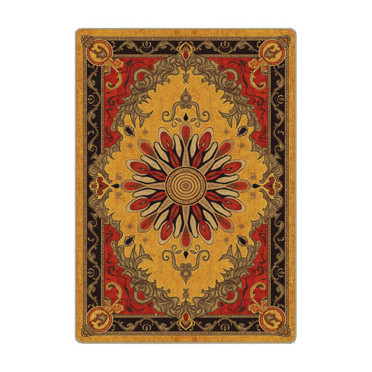 The King in Yellow Rug in 5x8 size featuring a golden medallion with sunburst design, surrounded by blood-red and black arcane accents