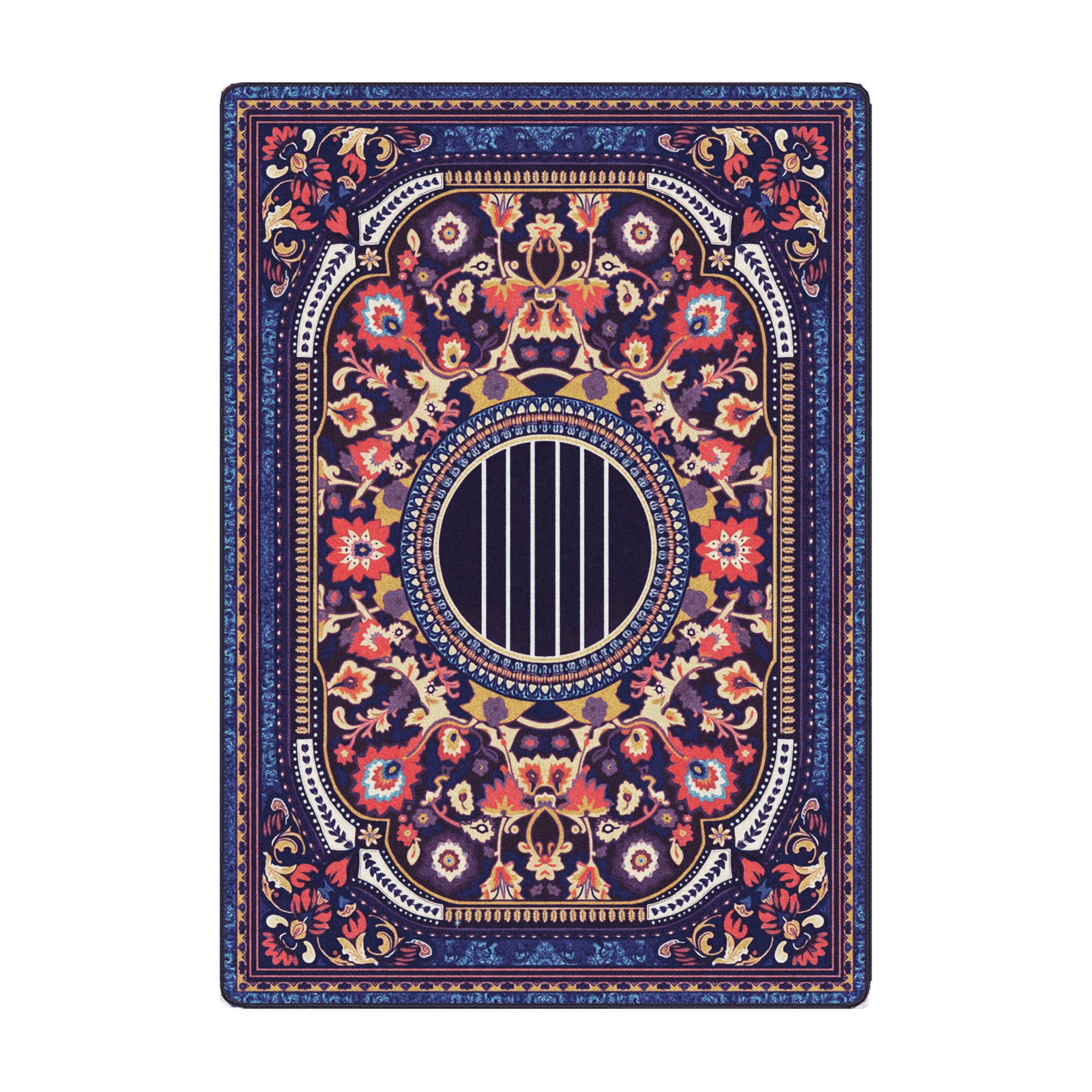 La Esme rug in 5x8 with deep navy base, vivid floral border, and circular striped medallion
