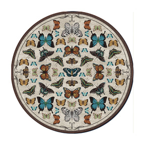 Round butterfly rug with symmetrical vintage-style insect illustrations—perfect for reading nooks, TTRPG tables, or naturalist-inspired game rooms.

