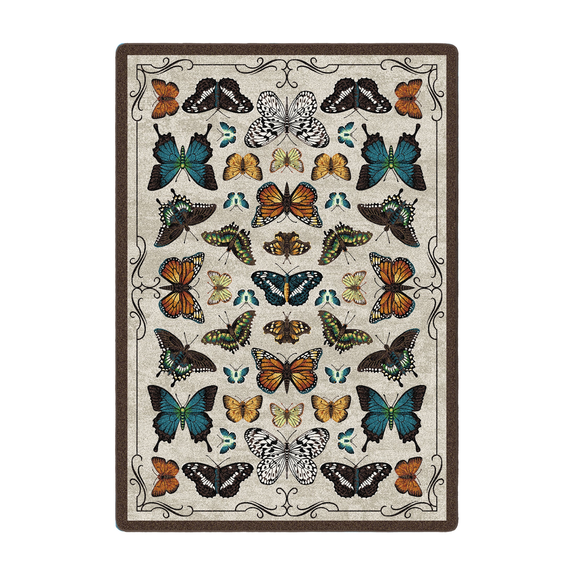 5x8 area rug featuring a symmetrical arrangement of colorful butterfly specimens on a parchment background, inspired by vintage entomology collections and magical academia

