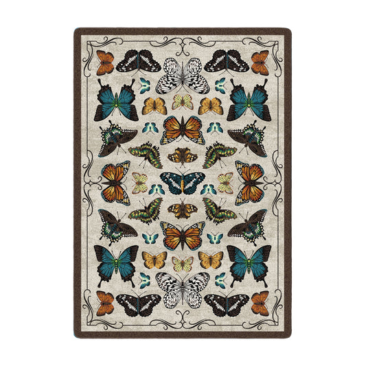 5x8 area rug featuring a symmetrical arrangement of colorful butterfly specimens on a parchment background, inspired by vintage entomology collections and magical academia

