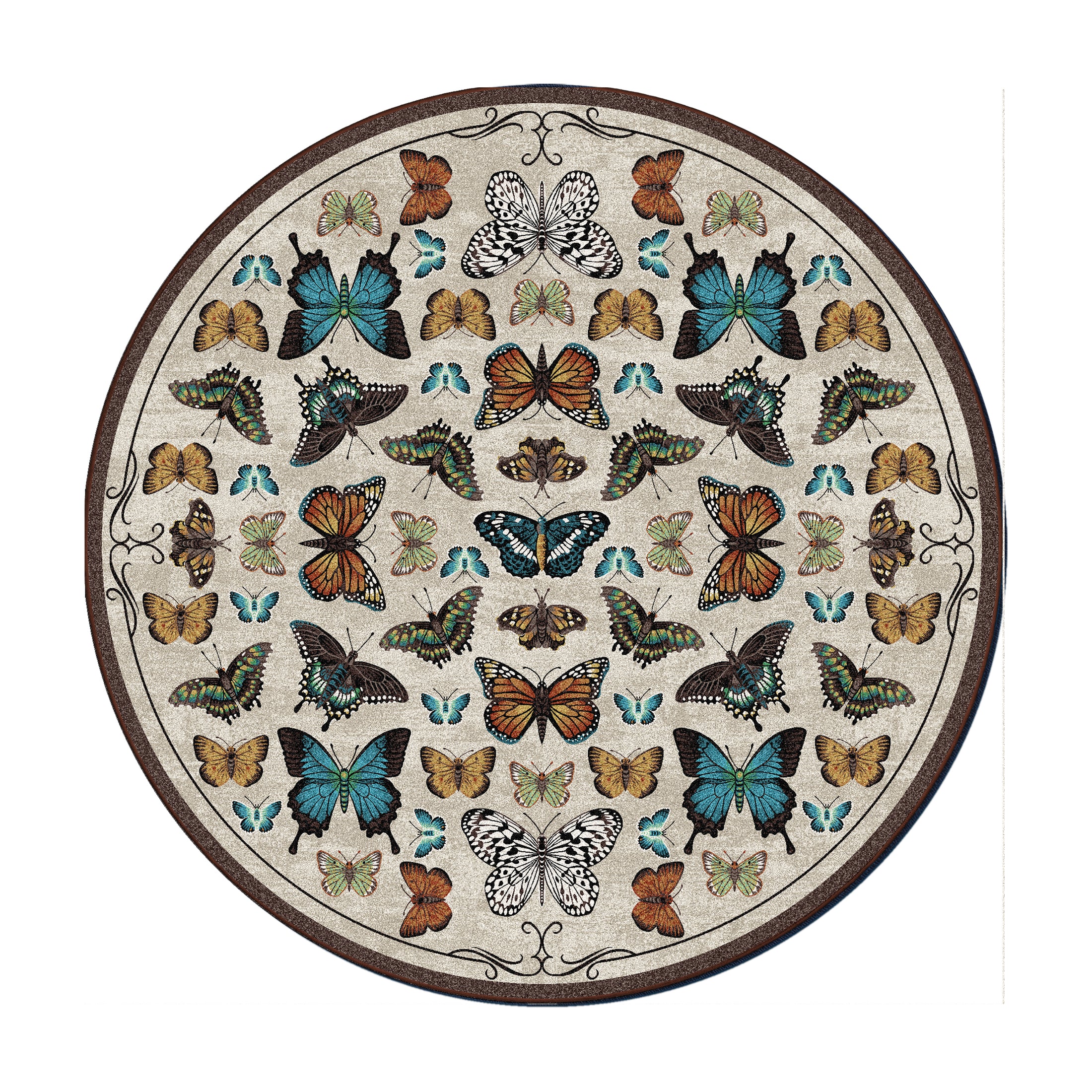 8x8 round version of The Lepidopterist’s Archive rug with a symmetrical butterfly display radiating from the center, inspired by naturalist collections and enchanted archives