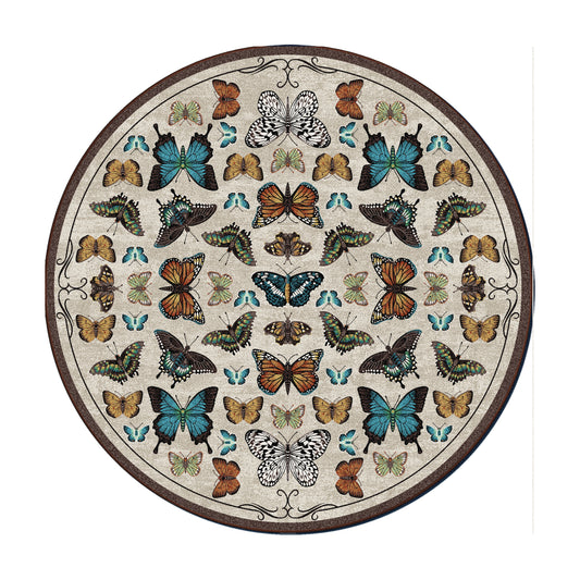 8x8 round version of The Lepidopterist’s Archive rug with a symmetrical butterfly display radiating from the center, inspired by naturalist collections and enchanted archives