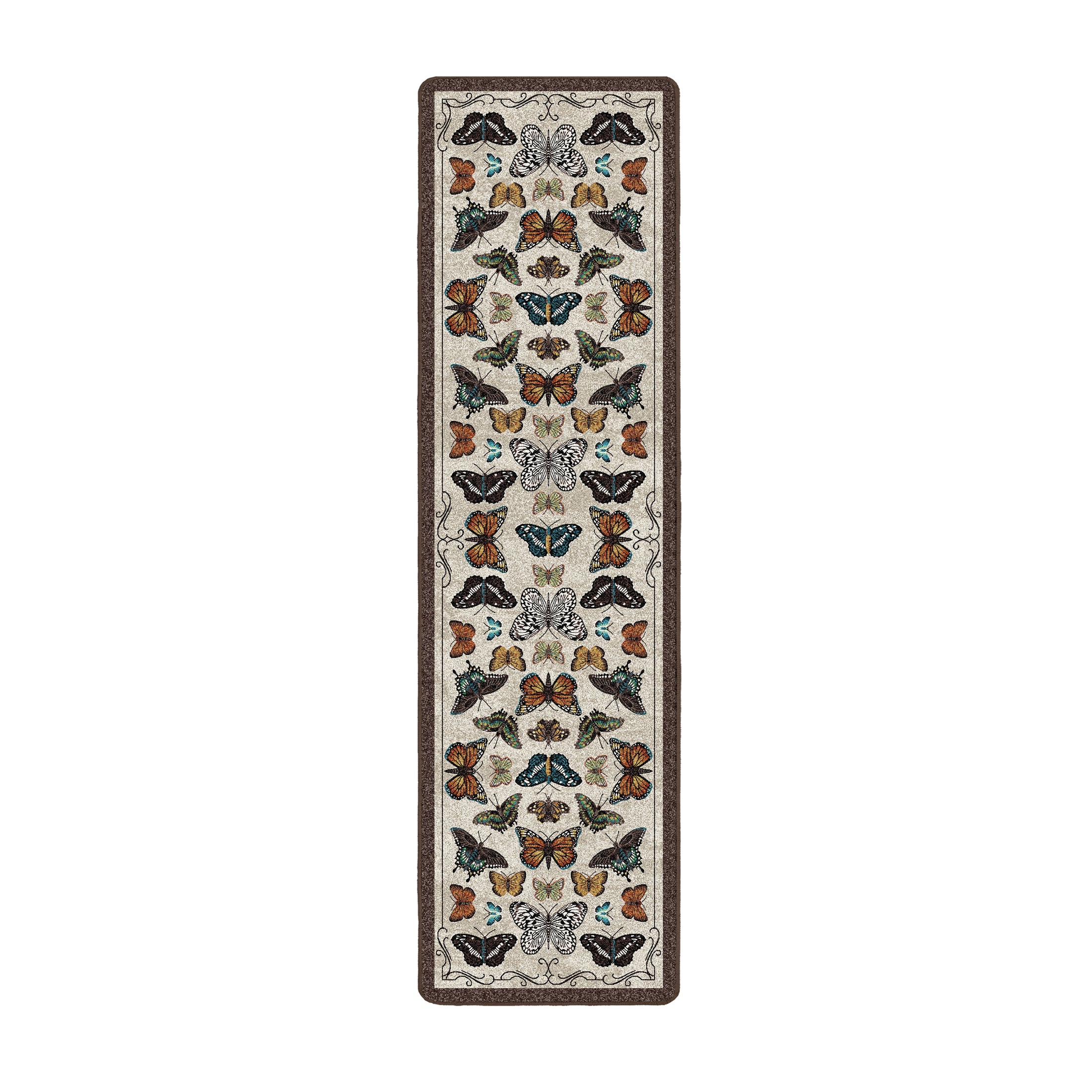 2x8 runner version of The Lepidopterist’s Archive rug featuring a vertical butterfly specimen layout on a parchment-toned background, perfect for hallways or narrow spaces with a touch of wonder

