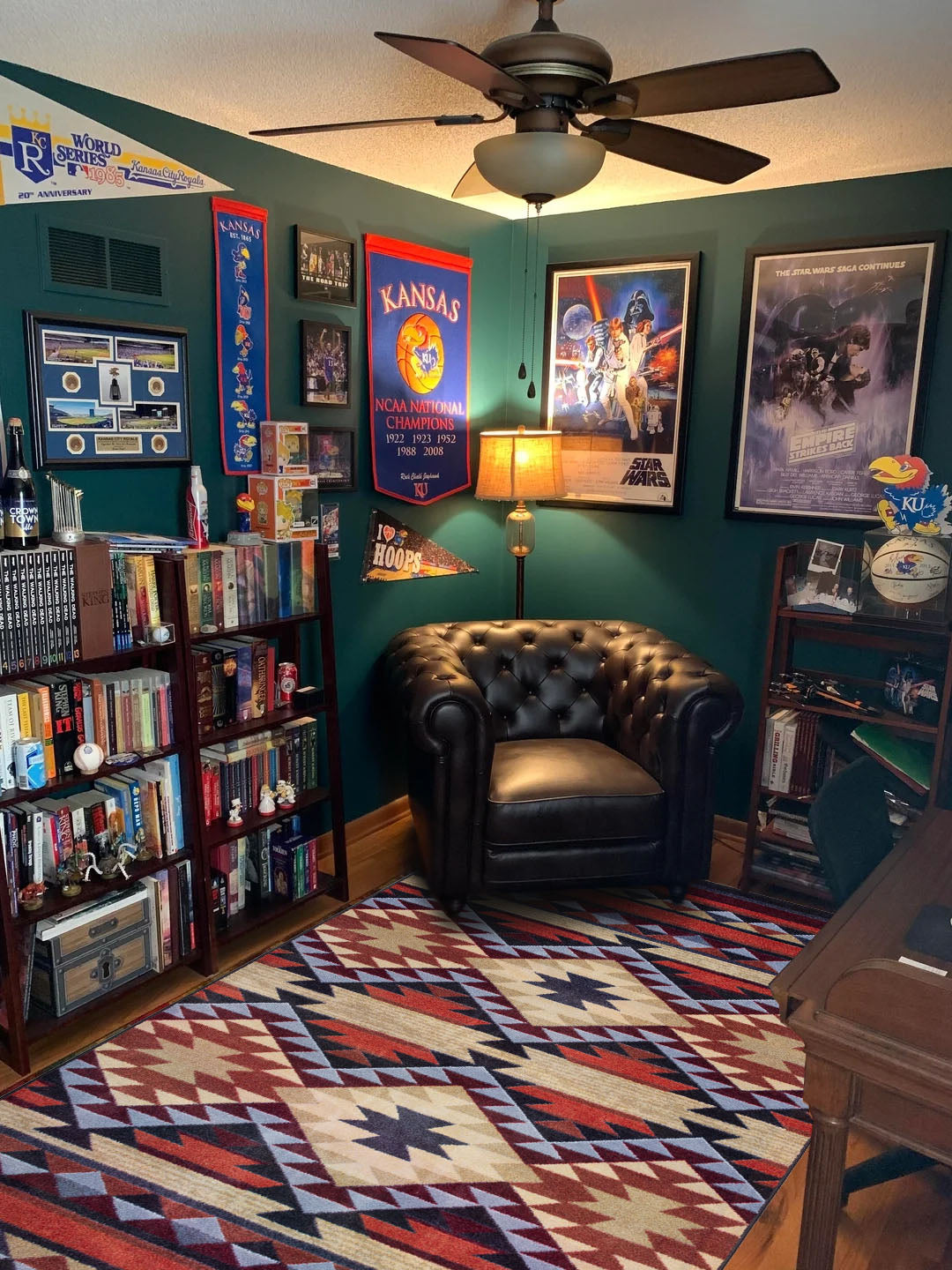 A rugged man cave and collectibles room featuring bold, masculine designs, showcasing rugs from the Rugged Retreat collection. Transform your space with decor that embodies strength, adventure, and a connection to the wild.