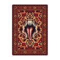Load image into Gallery viewer, Mimic rug in 5x8 featuring a fiery red and gold design with a monstrous gaping mouth and sharp teeth, styled like a traditional Persian medallion rug with a horror twist.


