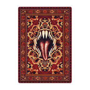 Mimic rug in 5x8 featuring a fiery red and gold design with a monstrous gaping mouth and sharp teeth, styled like a traditional Persian medallion rug with a horror twist.

