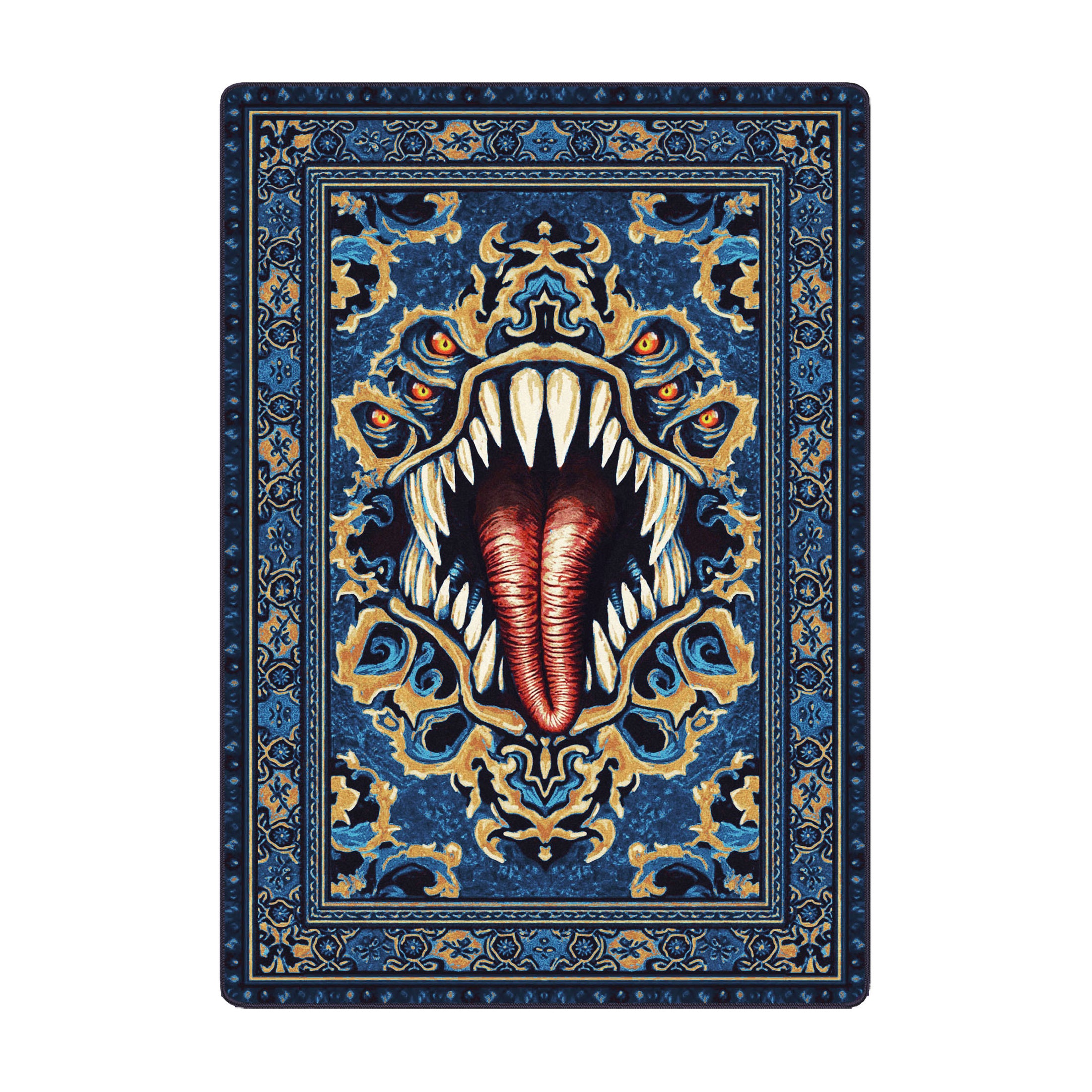 Blue mimic-themed area rug for game rooms with sea adventure, pirate or aquatic-dungeon-inspired design and fantasy flair