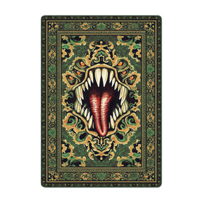 Green mimic rug with monstrous mouth design—fantasy-themed decor for game rooms and dungeon-inspired spaces