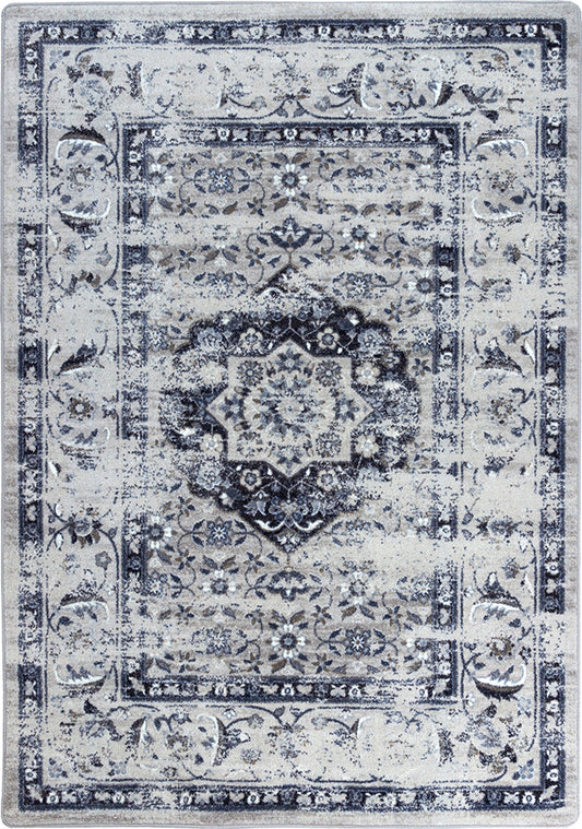 Decorative rug with a central medallion design on a white background