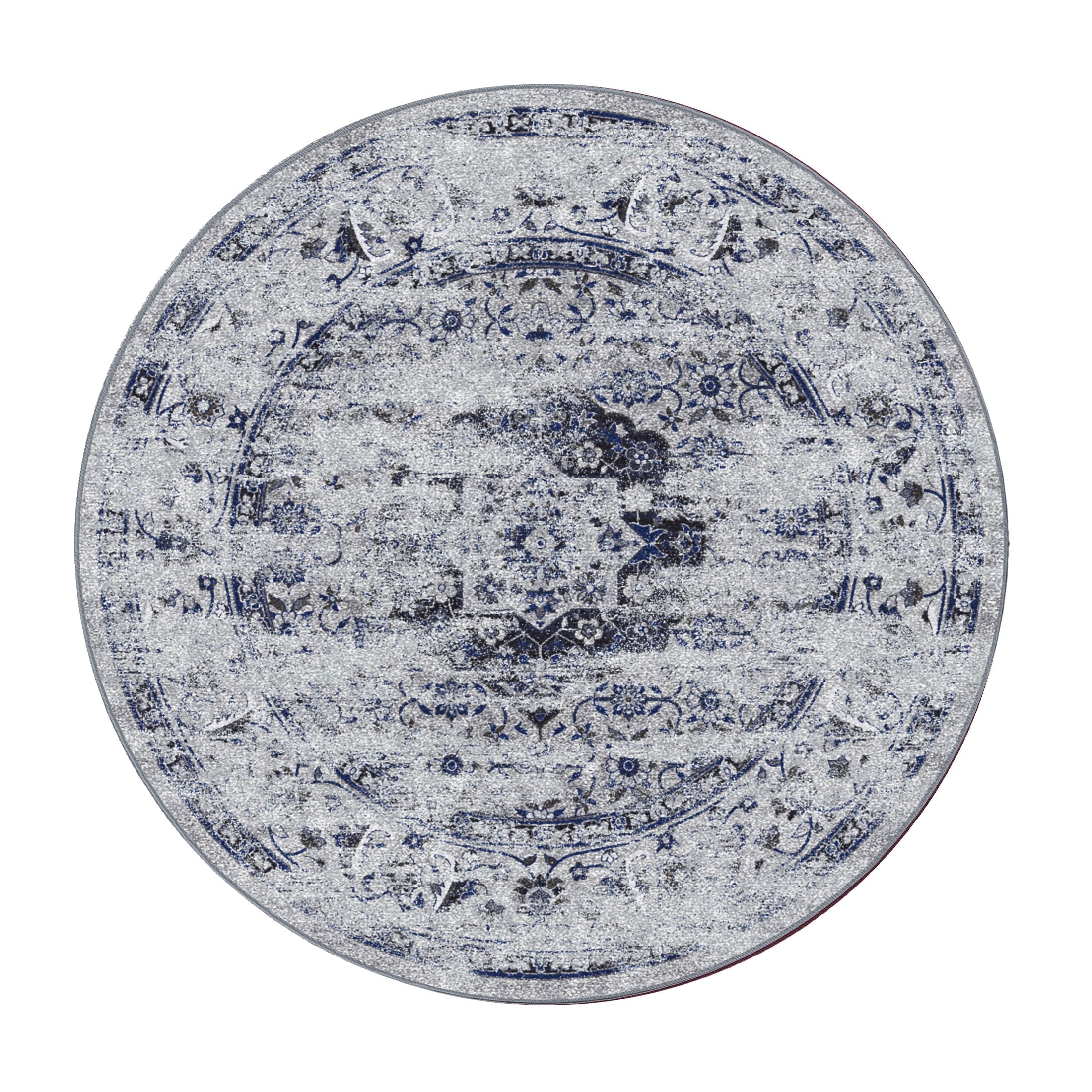 8x8 round version of The Mistrender’s Medallion rug with central medallion design faded into ivory and deep blue