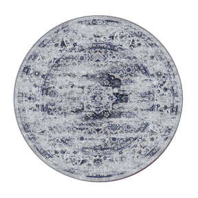 8x8 round version of The Mistrender’s Medallion rug with central medallion design faded into ivory and deep blue