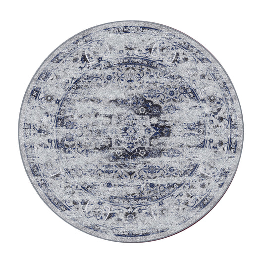 8x8 round version of The Mistrender’s Medallion rug with central medallion design faded into ivory and deep blue