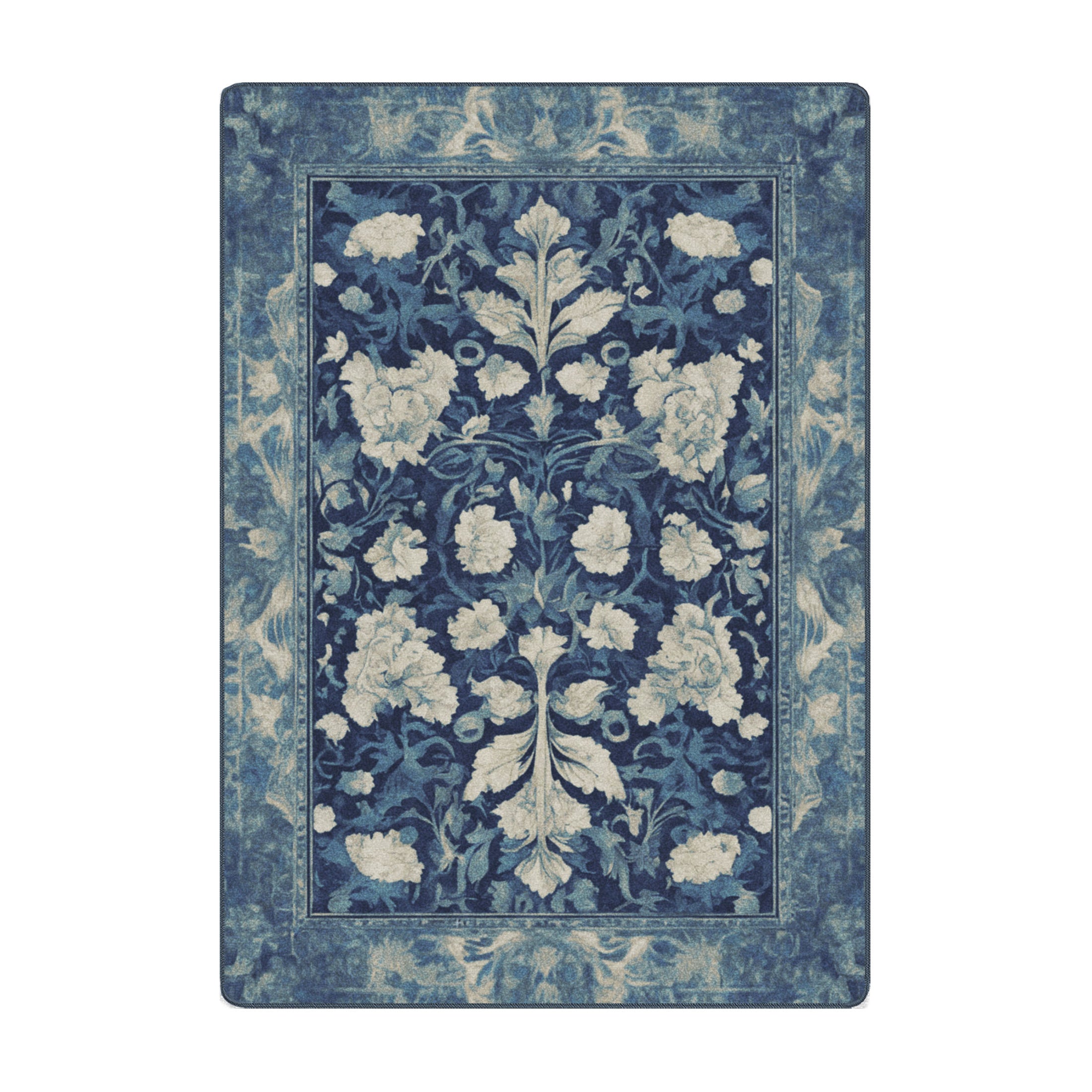 5x8 Moon Blossom Rug in Half Moon colorway, featuring delicate cream florals over a misty blue field with vintage-style botanical patterns and a distressed finish.

