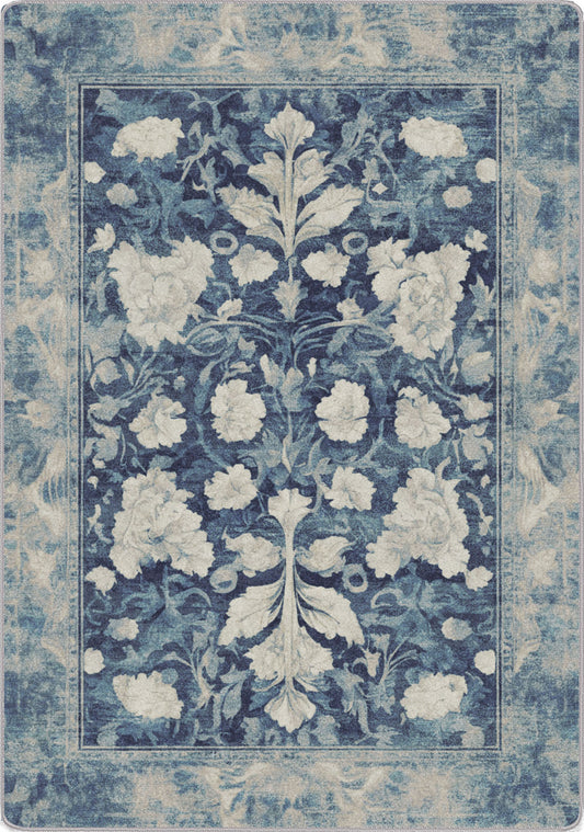 Floral patterned rug with blue and white colors booktook, she-shed, creative spaces, fantasy, booktok, moonlight, faded, weathered, enchanted, magical
