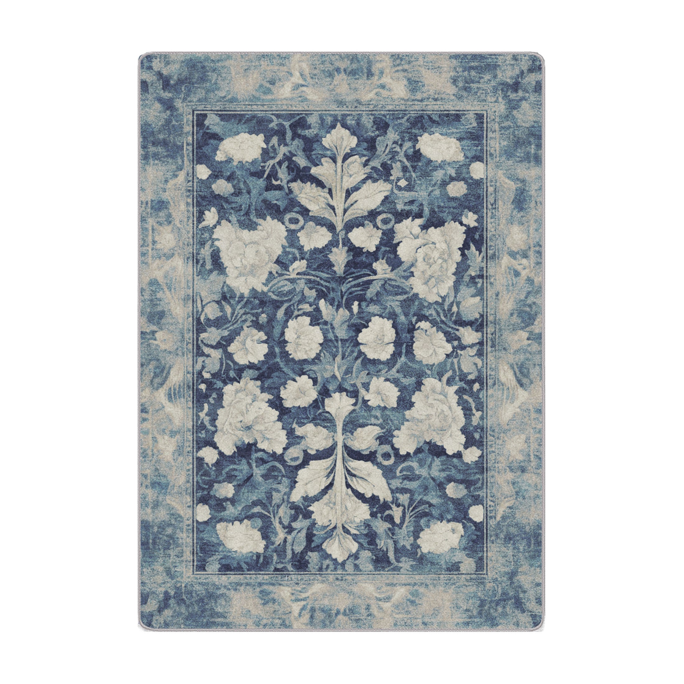 5x8 Moon Blossom Rug in Cloudy Night with vintage cream florals over a distressed blue background, inspired by antique Persian garden motifs.


