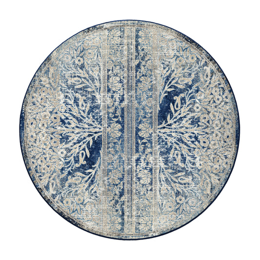Round Moonwake Arbor rug in blue and ivory, perfect for cozy reading nooks or round tabletop setups