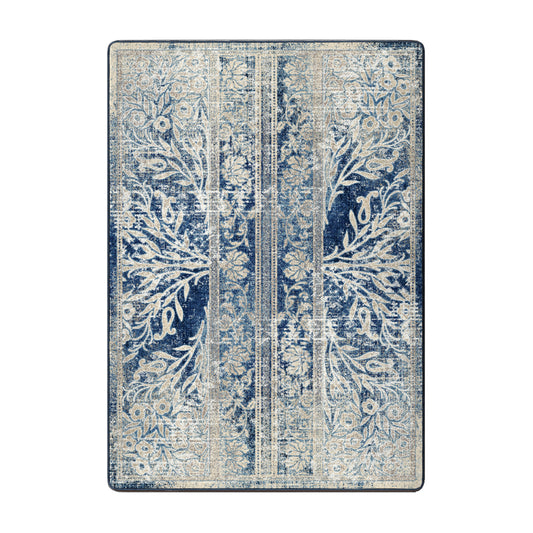 Moonwake Arbor rectangular rug in blue and ivory, ideal for game rooms, home libraries, and fantasy interiors