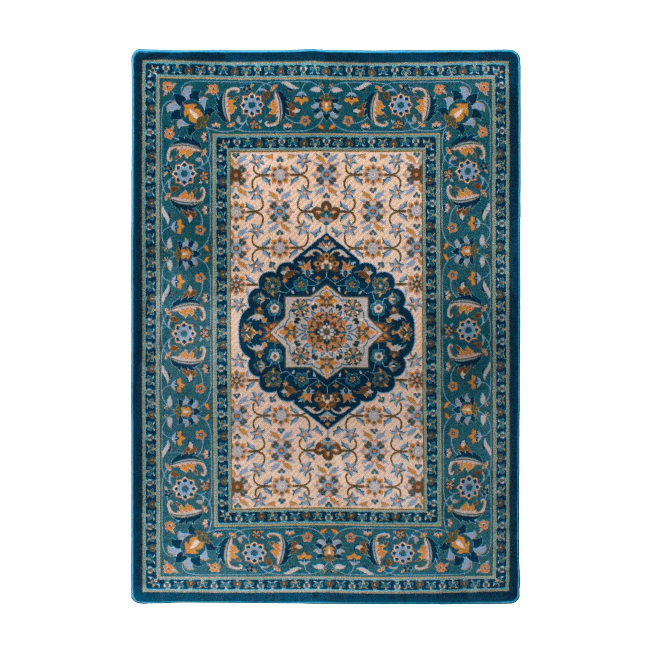 5x8 area rug featuring a parchment-toned field with teal and gold floral scrollwork and a central medallion, inspired by nautical maps and celestial navigation

