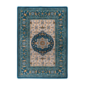 5x8 area rug featuring a parchment-toned field with teal and gold floral scrollwork and a central medallion, inspired by nautical maps and celestial navigation

