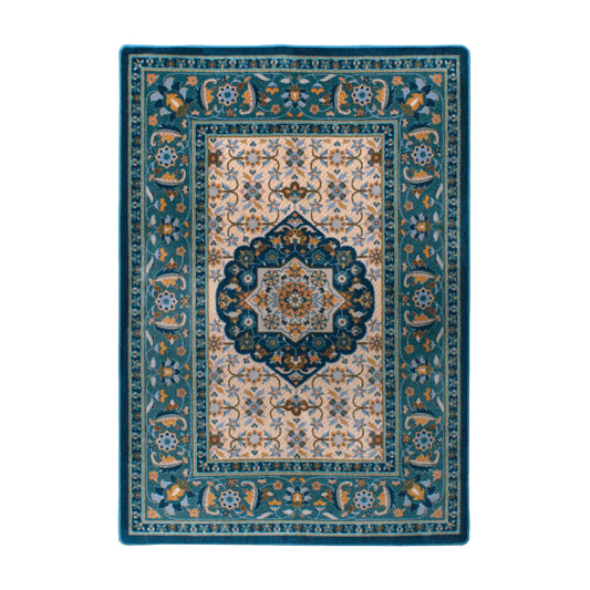 5x8 area rug featuring a parchment-toned field with teal and gold floral scrollwork and a central medallion, inspired by nautical maps and celestial navigation

