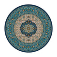 Load image into Gallery viewer, 8x8 round version of The Navigator’s Medallion rug featuring a centered medallion surrounded by scrollwork in sea-inspired tones of teal, gold, and parchment
