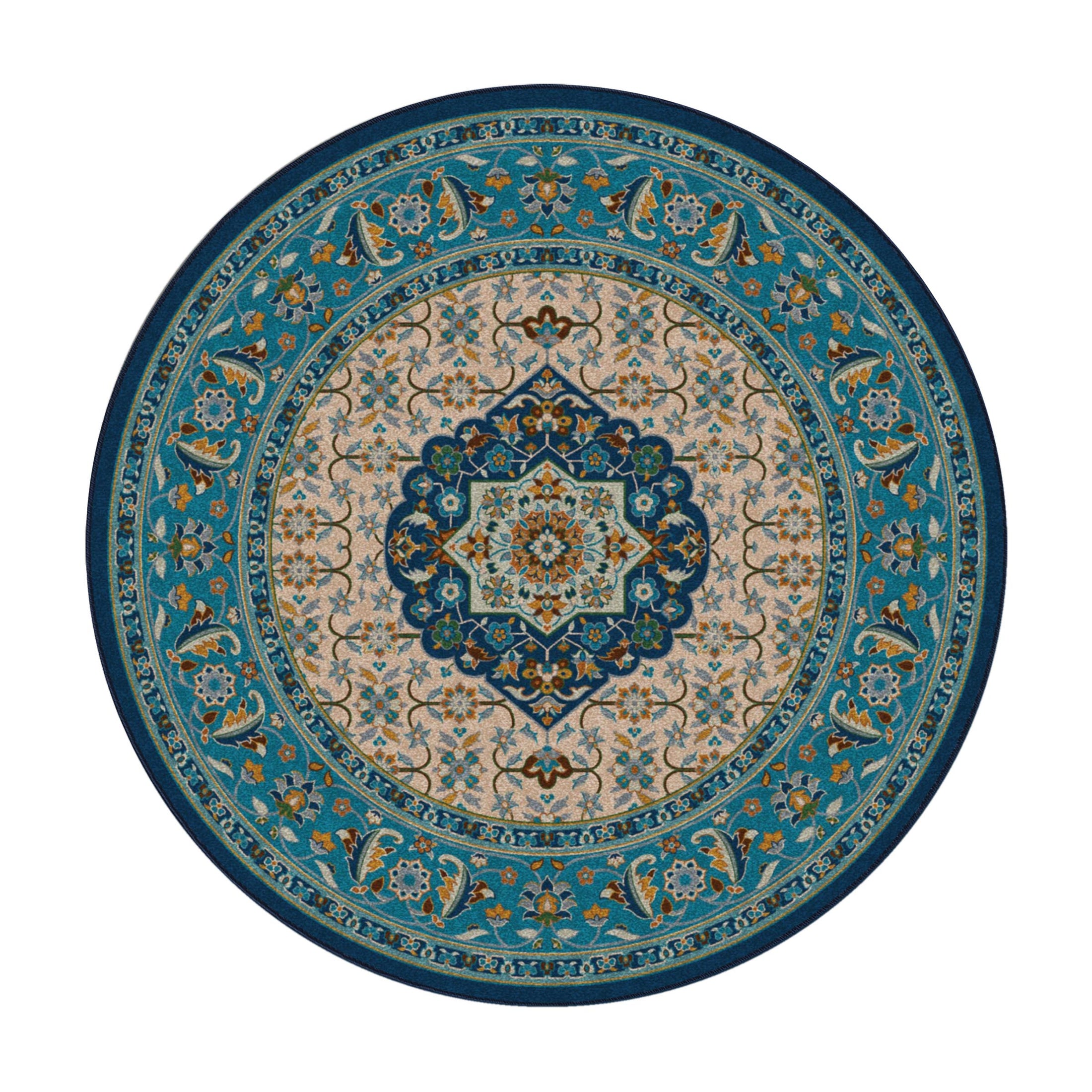 8x8 round version of The Navigator’s Medallion rug featuring a centered medallion surrounded by scrollwork in sea-inspired tones of teal, gold, and parchment