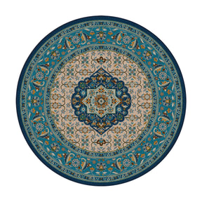8x8 round version of The Navigator’s Medallion rug featuring a centered medallion surrounded by scrollwork in sea-inspired tones of teal, gold, and parchment
