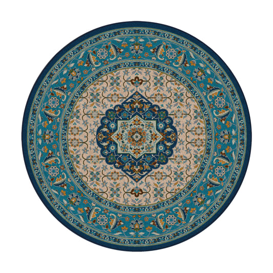 8x8 round version of The Navigator’s Medallion rug featuring a centered medallion surrounded by scrollwork in sea-inspired tones of teal, gold, and parchment