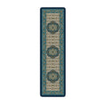Load image into Gallery viewer, 2x8 runner version of The Navigator’s Medallion rug with vertical scrollwork and repeating medallion elements in parchment, teal, and gold—ideal for hallways and narrow spaces
