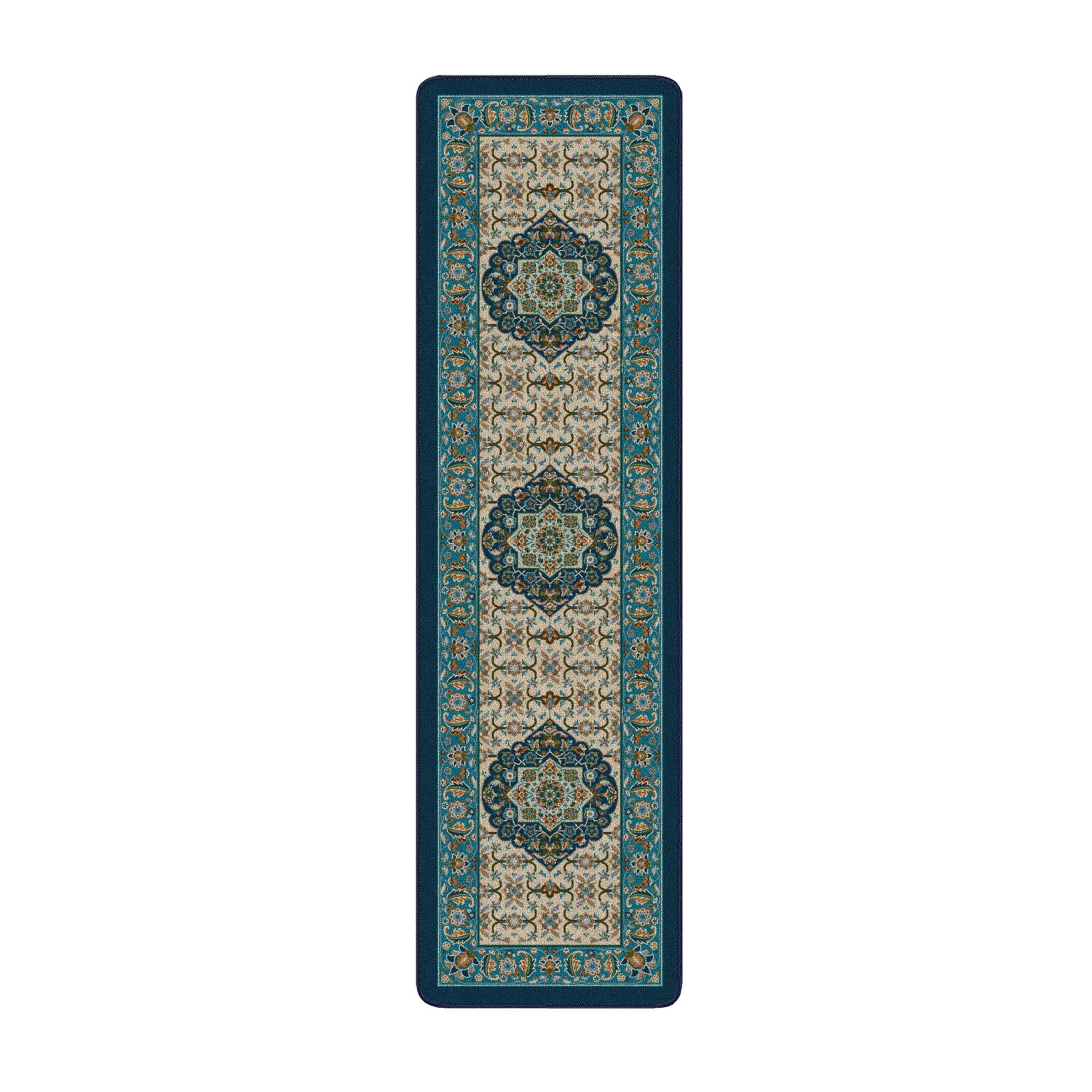 2x8 runner version of The Navigator’s Medallion rug with vertical scrollwork and repeating medallion elements in parchment, teal, and gold—ideal for hallways and narrow spaces