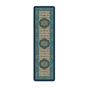 2x8 runner version of The Navigator’s Medallion rug with vertical scrollwork and repeating medallion elements in parchment, teal, and gold—ideal for hallways and narrow spaces
