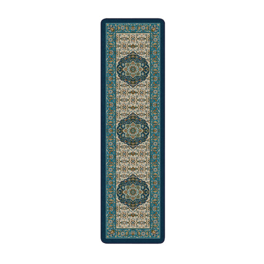2x8 runner version of The Navigator’s Medallion rug with vertical scrollwork and repeating medallion elements in parchment, teal, and gold—ideal for hallways and narrow spaces