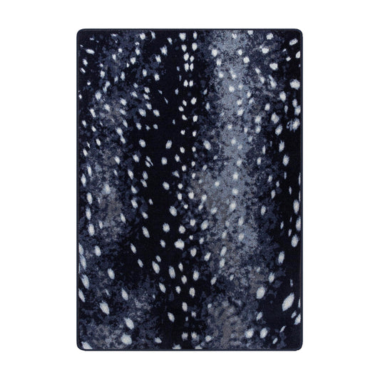 5x8 area rug with a dappled black and navy pattern resembling moonlit animal hide, inspired by fantasy creatures and nocturnal wilderness themes


