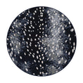 Load image into Gallery viewer,  8x8 round version of Nocturna’s Hide rug with a symmetrical, dappled pattern in deep navy and black with pale white spotting
