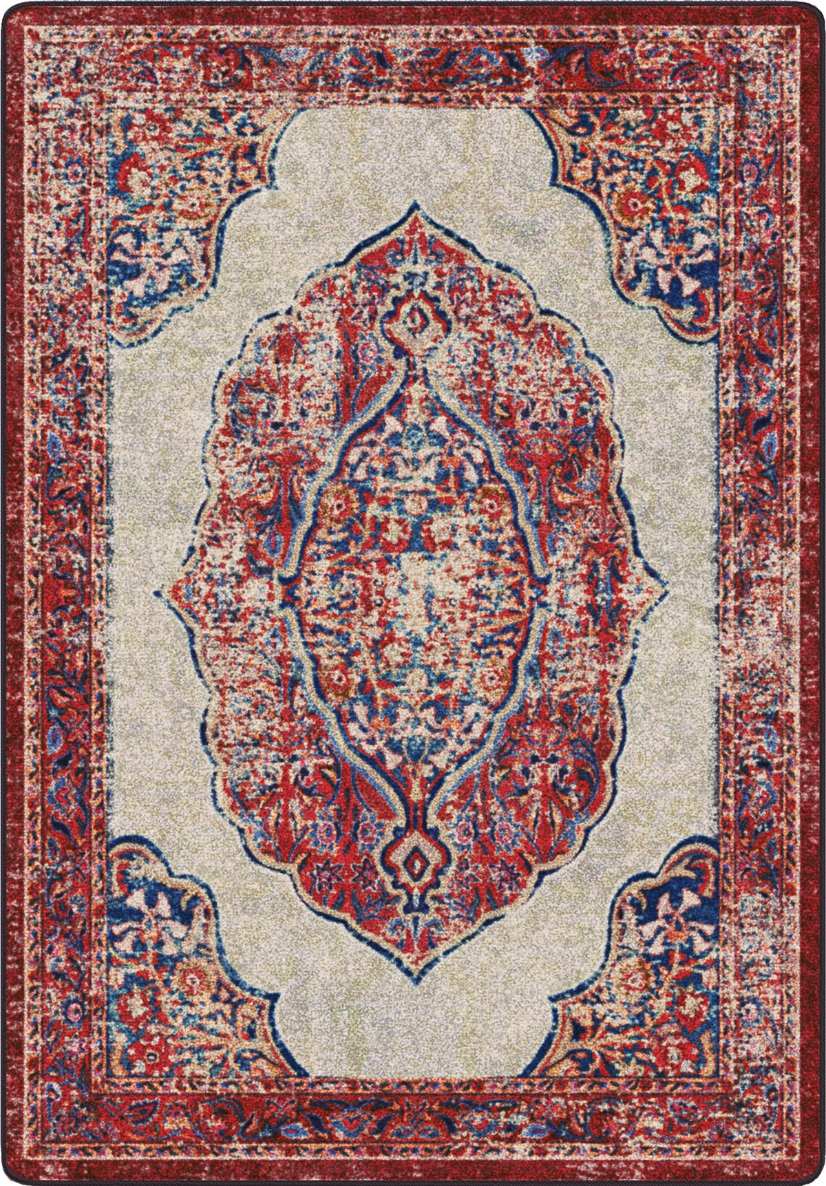 Decorative rug with intricate pattern on a beige background
