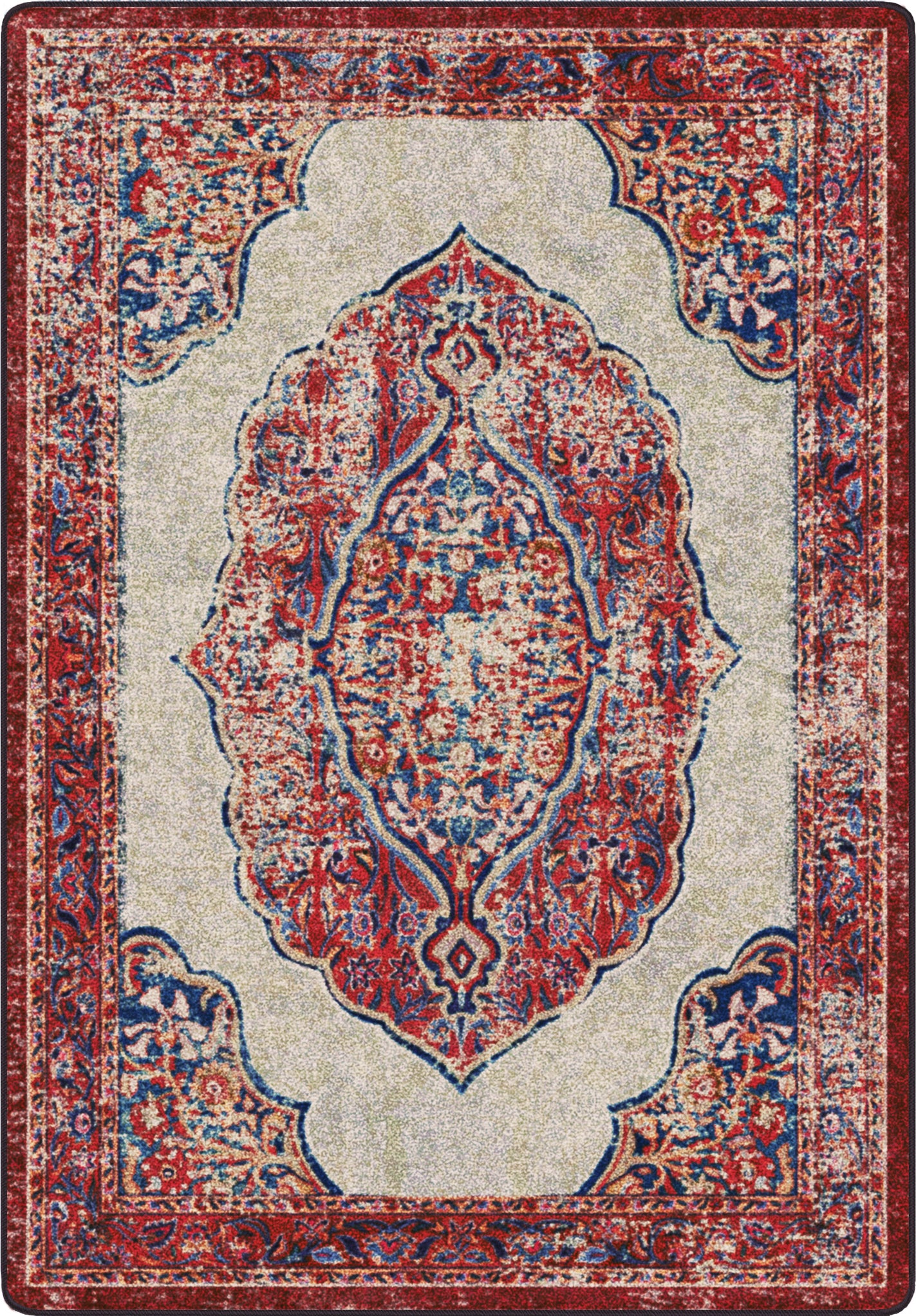 Decorative rug with intricate pattern on a beige background