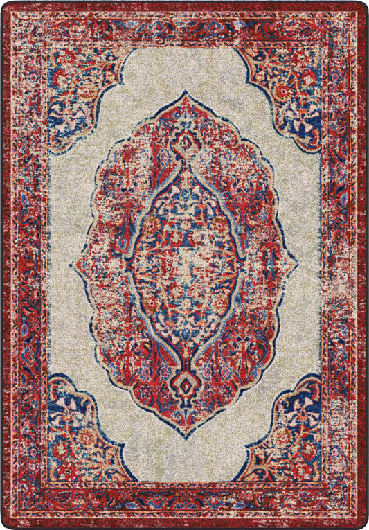 Decorative rug with intricate pattern on a beige background