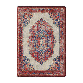 5x8 Oathforged Rug featuring a bold central medallion in crimson, navy, parchment, and gold—perfect for anchoring fantasy-inspired rooms

