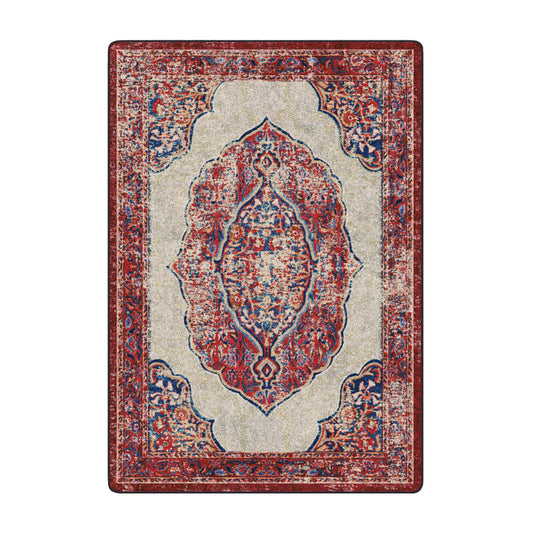 5x8 Oathforged Rug featuring a bold central medallion in crimson, navy, parchment, and gold—perfect for anchoring fantasy-inspired rooms

