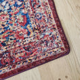 Load image into Gallery viewer, Corner of The Oathforged Rug revealing crisp border detail, deep red medallion accents, and traditional floral motifs
