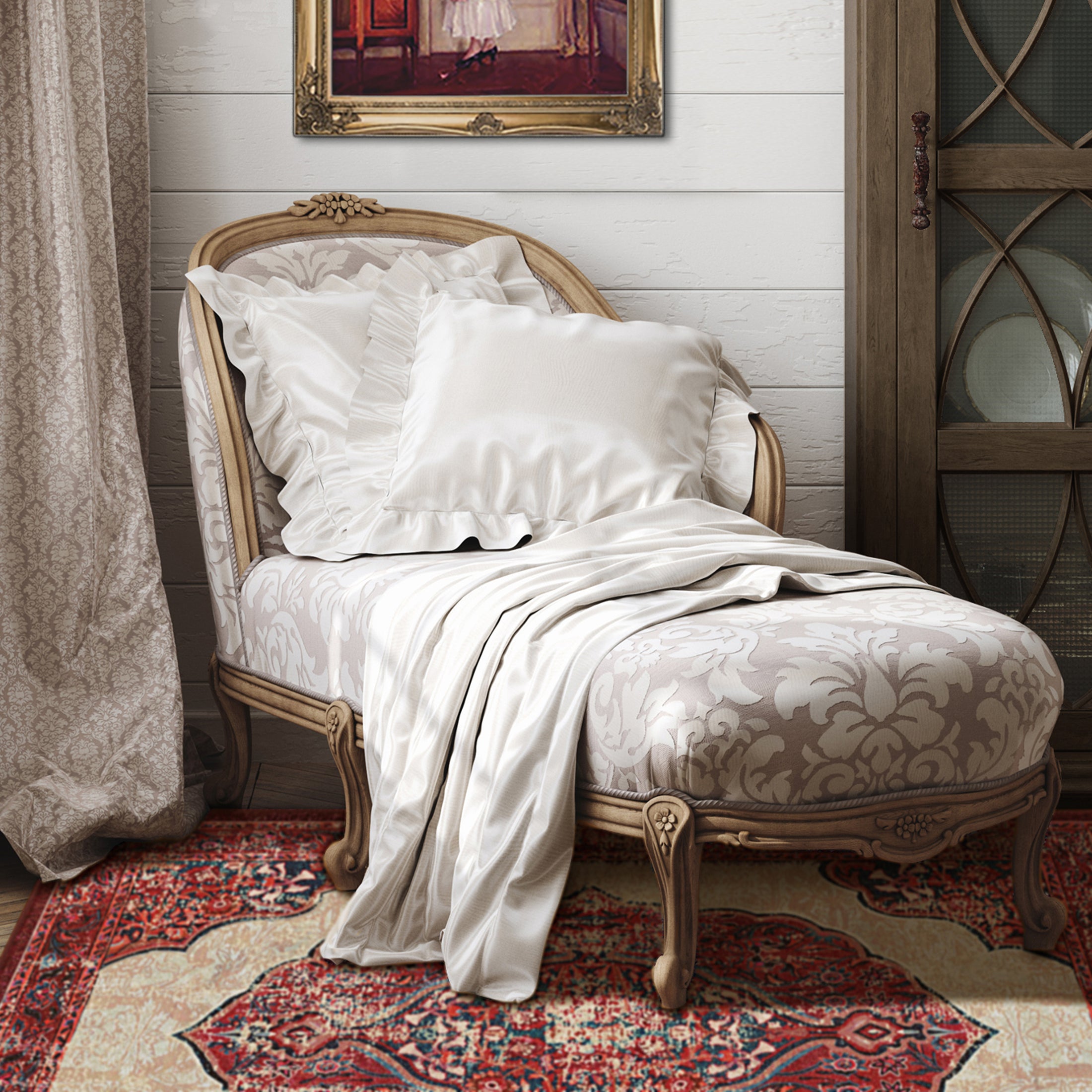 The Oathforged Rug placed in an elegant reading nook beneath a velvet fainting couch, evoking tradition and quiet power