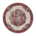 Load image into Gallery viewer, Round 8x8 Oathforged Rug with symmetrical shield-style design and rich color contrast in red, gold, and navy


