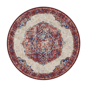 Round 8x8 Oathforged Rug with symmetrical shield-style design and rich color contrast in red, gold, and navy

