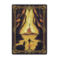 Load image into Gallery viewer, 5x8 Oathkeeper’s Dawn Rug for game room featuring a glowing fantasy scene of two adventurers approaching a floating sword, set between towering cliffs in golden sunrise tones.



