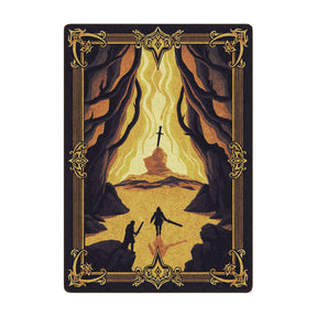 5x8 Oathkeeper’s Dawn Rug for game room featuring a glowing fantasy scene of two adventurers approaching a floating sword, set between towering cliffs in golden sunrise tones.

