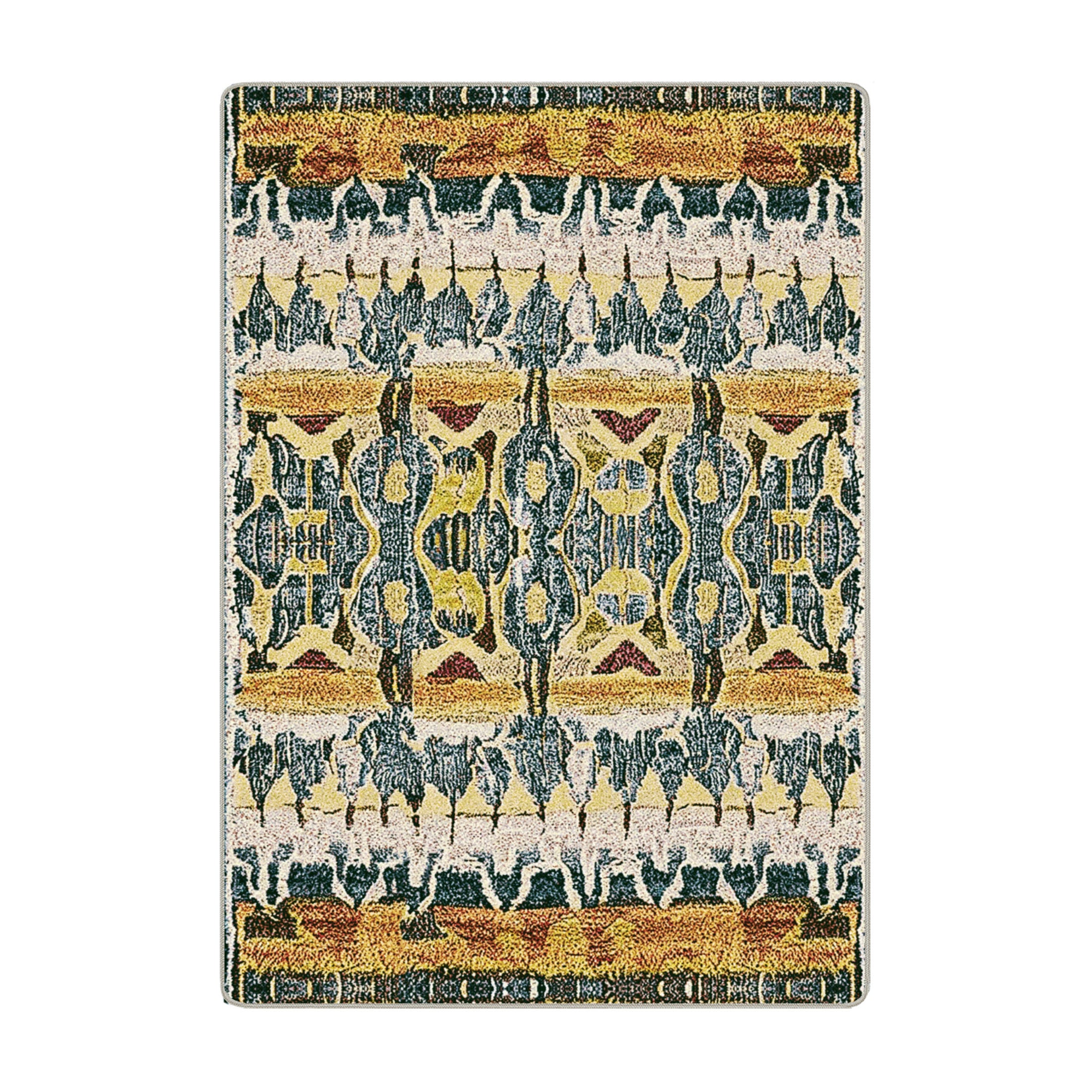 5x8 area rug with a tribal-inspired symmetrical pattern in gold, green, rust, and cream tones, evoking primal energy and totemic power